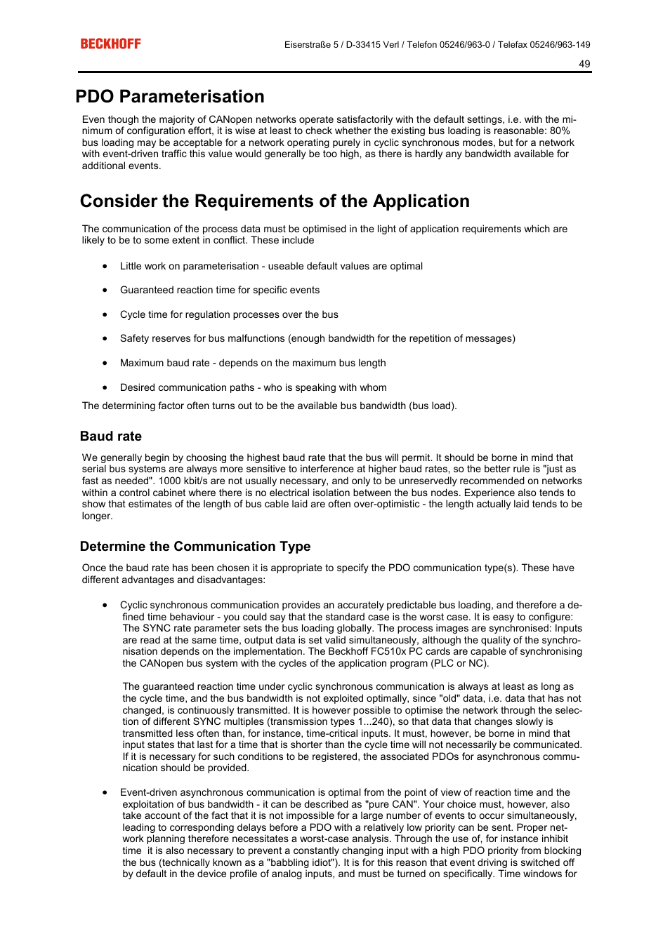 Pdo parameterisation, Consider the requirements of the application, Baud rate | Determine the communication type | BECKHOFF FC5101 User Manual | Page 49 / 95