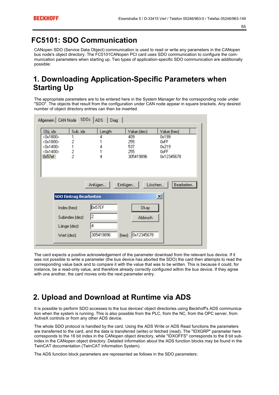 Fc5101: sdo communication, Upload and download at runtime via ads | BECKHOFF FC5101 User Manual | Page 55 / 95
