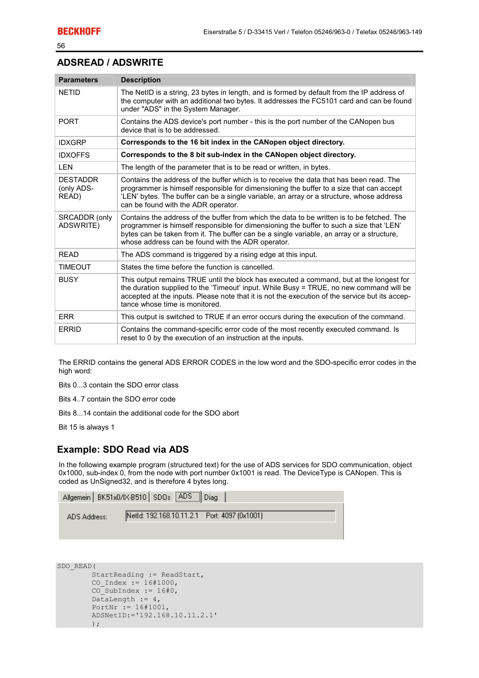 Adsread / adswrite, Example: sdo read via ads | BECKHOFF FC5101 User Manual | Page 56 / 95