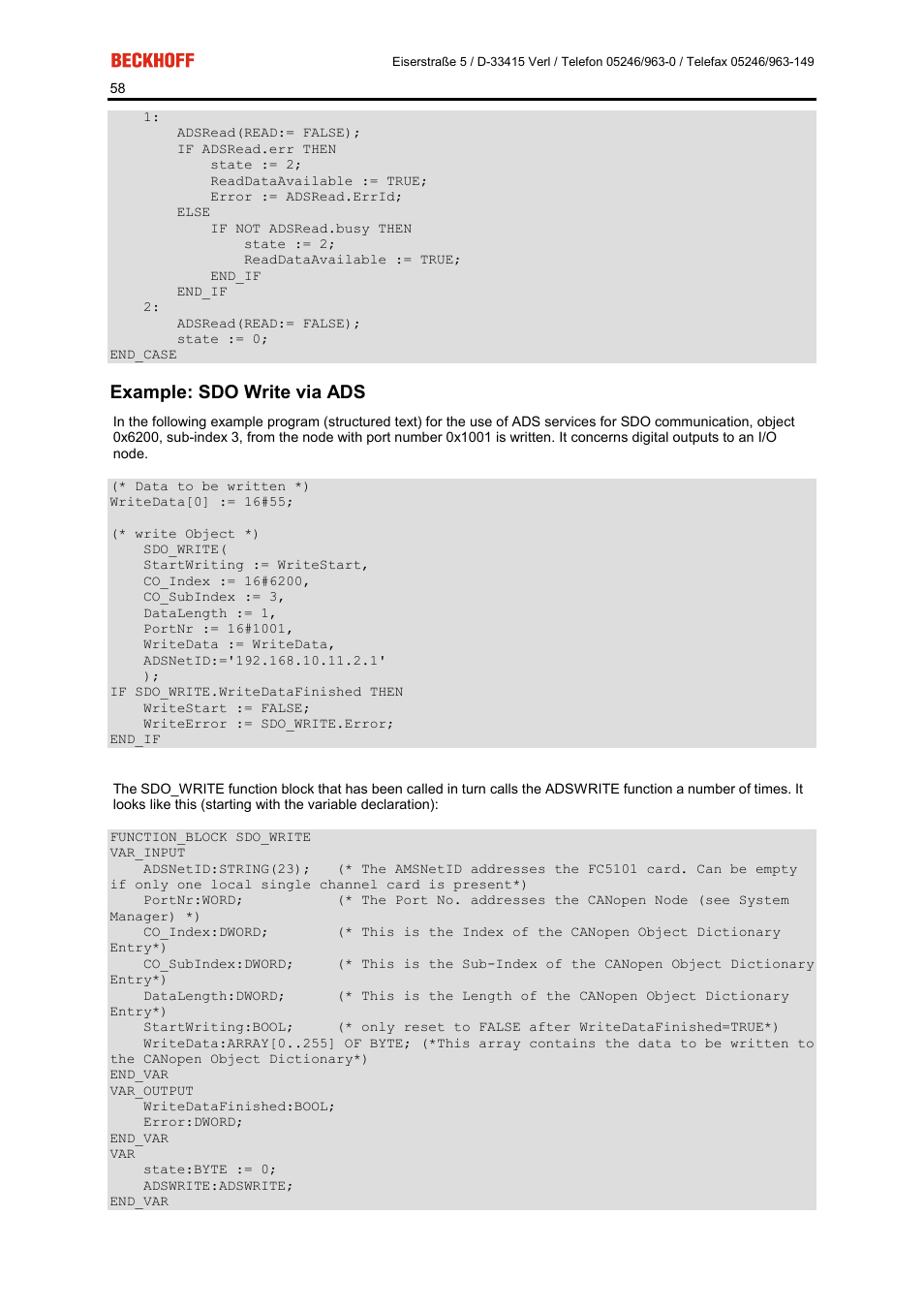 Example: sdo write via ads | BECKHOFF FC5101 User Manual | Page 58 / 95