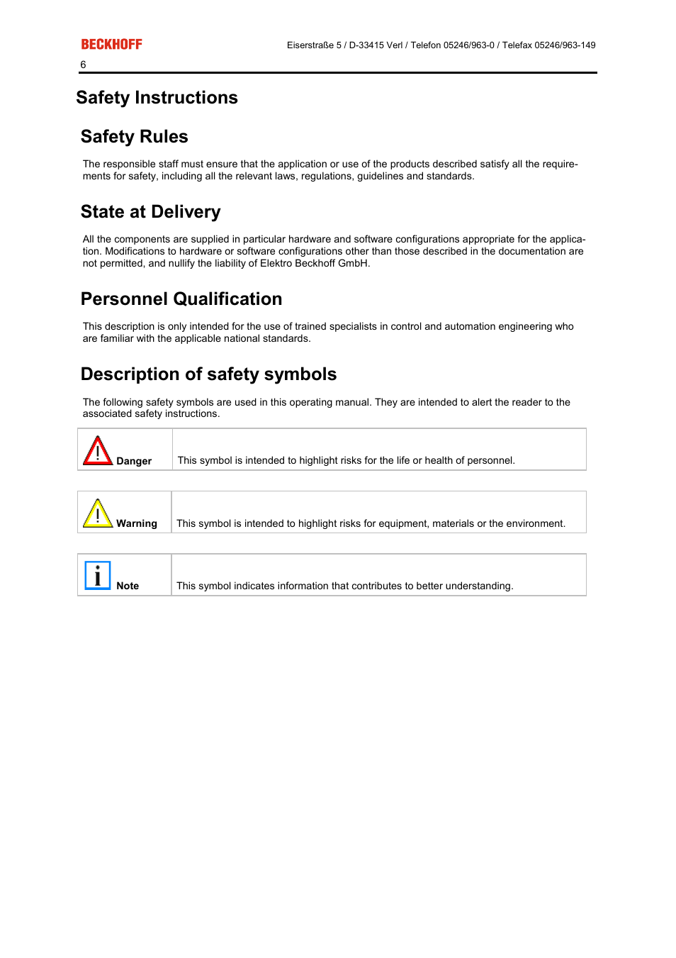 Safety instructions safety rules, State at delivery, Personnel qualification | Description of safety symbols | BECKHOFF FC5101 User Manual | Page 6 / 95