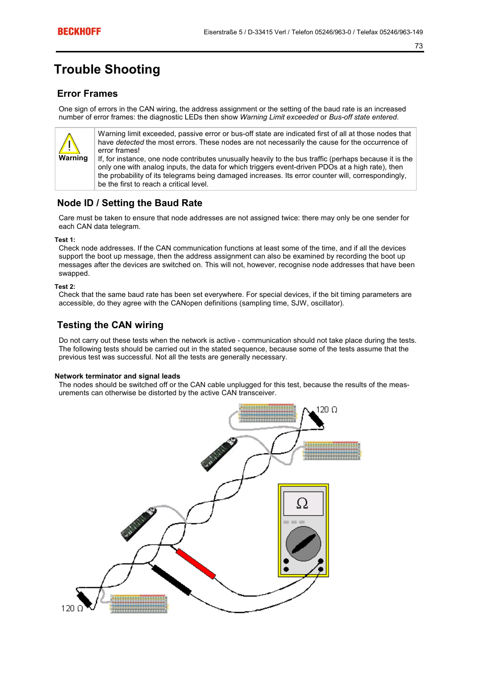 Trouble shooting, Error frames, Node id / setting the baud rate | Testing the can wiring | BECKHOFF FC5101 User Manual | Page 73 / 95