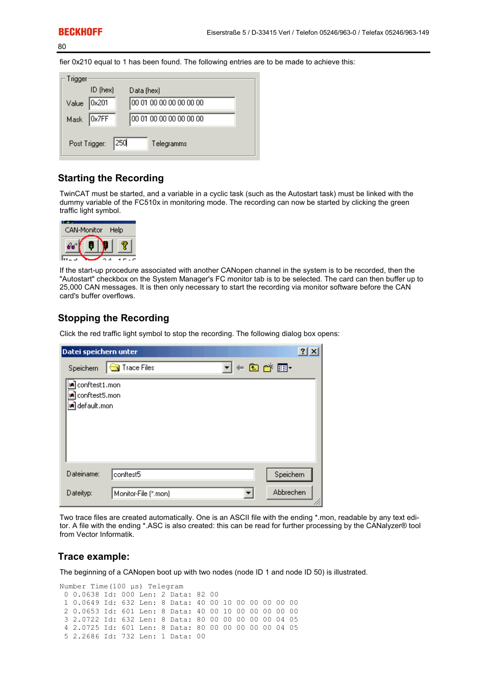 Starting the recording, Stopping the recording, Trace example | BECKHOFF FC5101 User Manual | Page 80 / 95