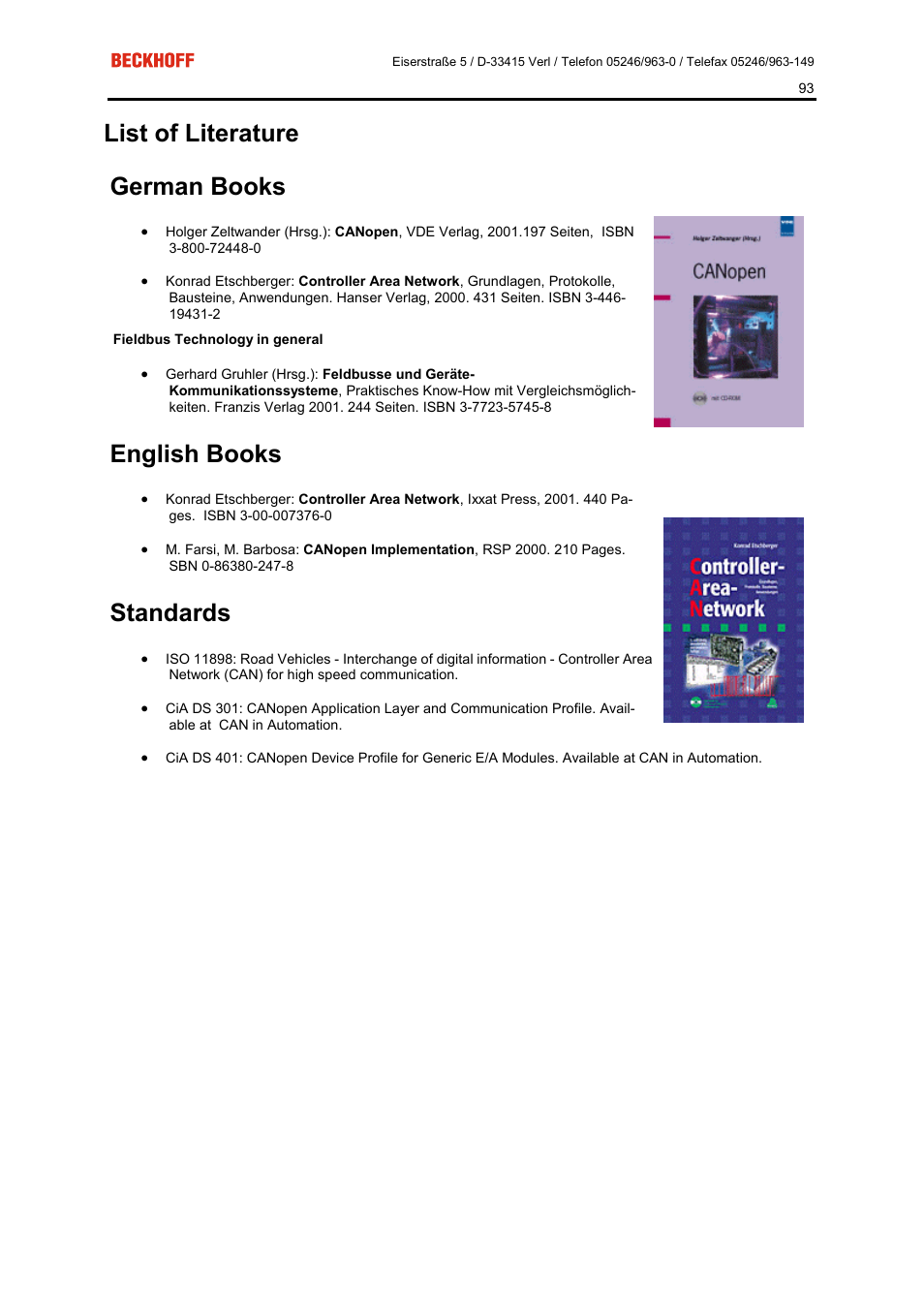 List of literature german books, English books, Standards | BECKHOFF FC5101 User Manual | Page 93 / 95