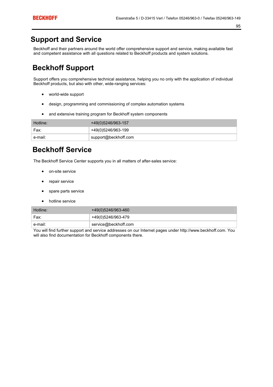 Support and service, Beckhoff support, Beckhoff service | BECKHOFF FC5101 User Manual | Page 95 / 95