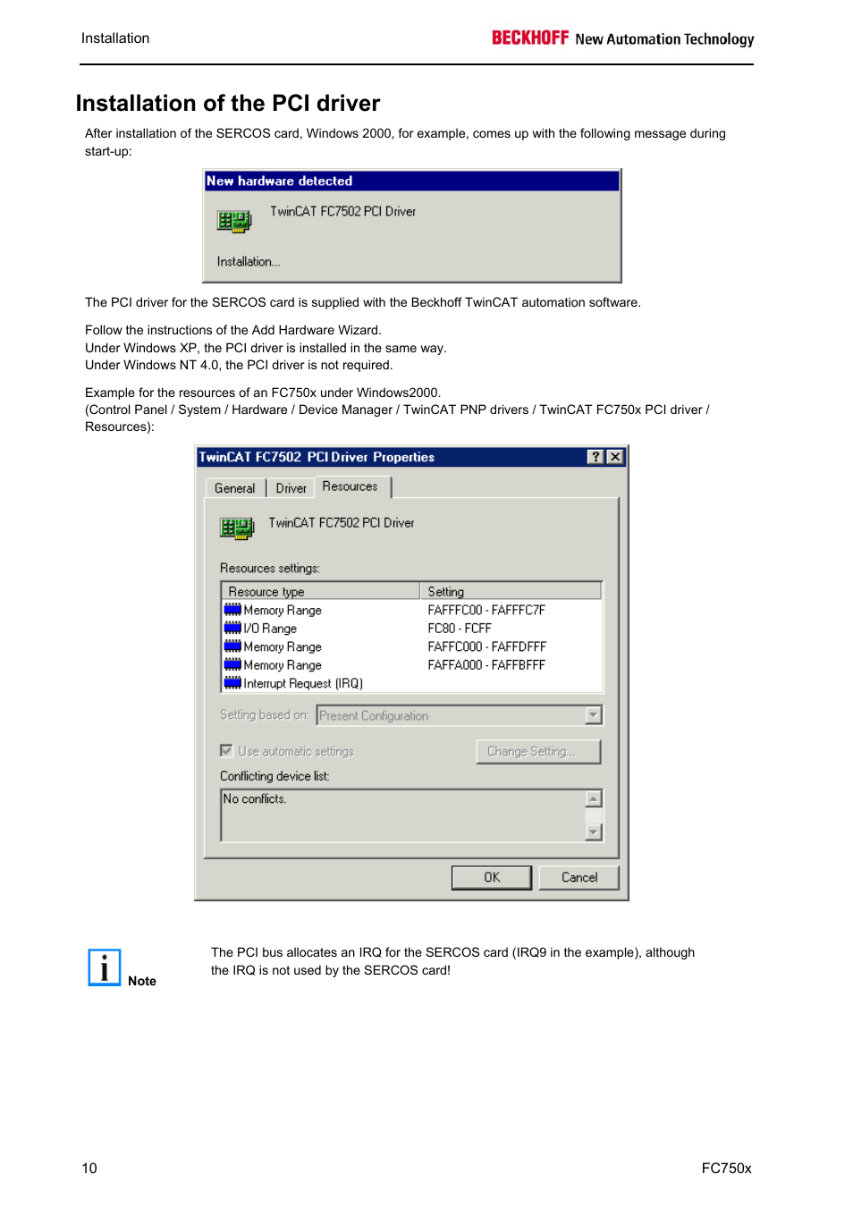 Installation of the pci driver | BECKHOFF FC7501 User Manual | Page 10 / 18