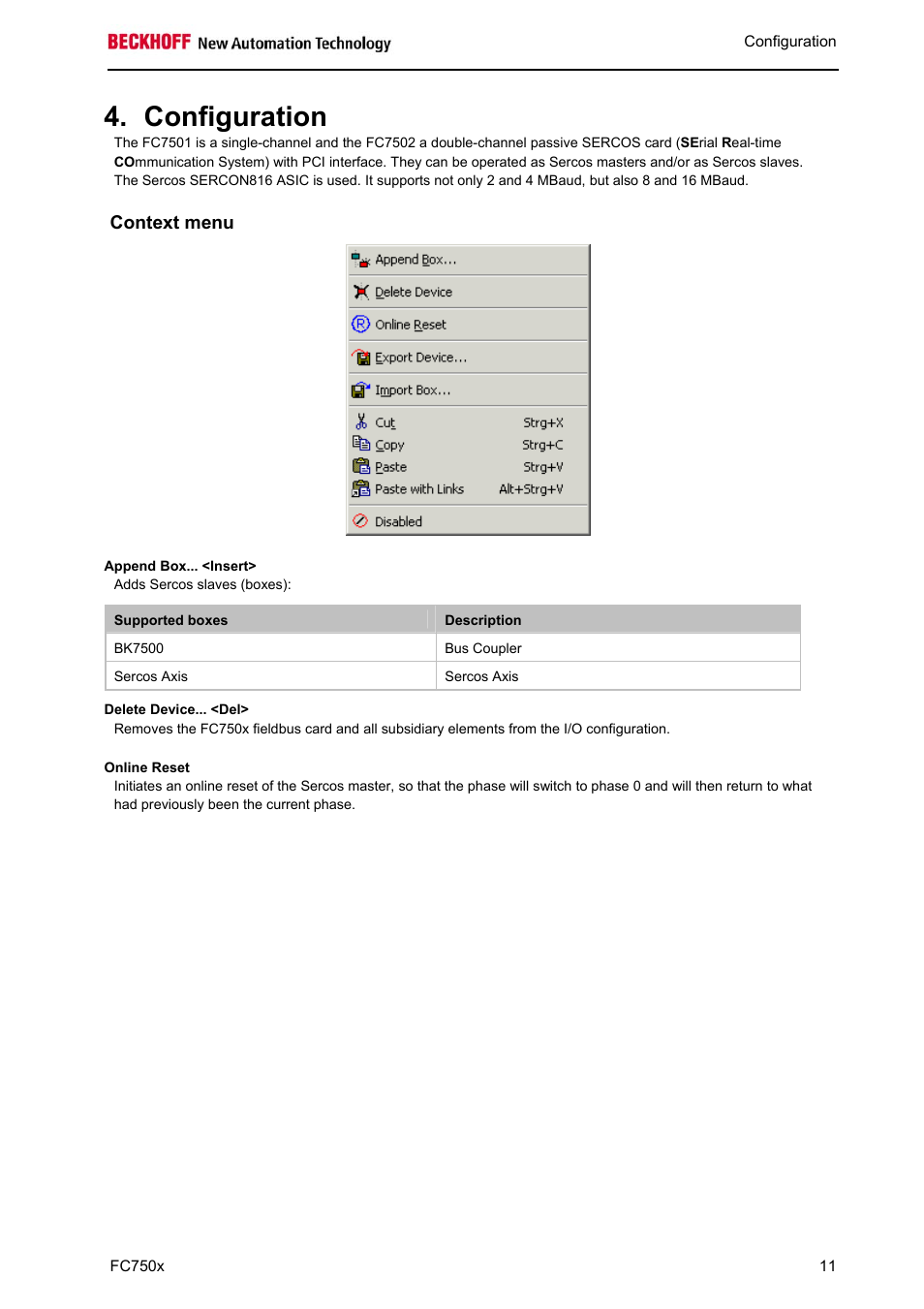 Configuration, Context menu | BECKHOFF FC7501 User Manual | Page 11 / 18