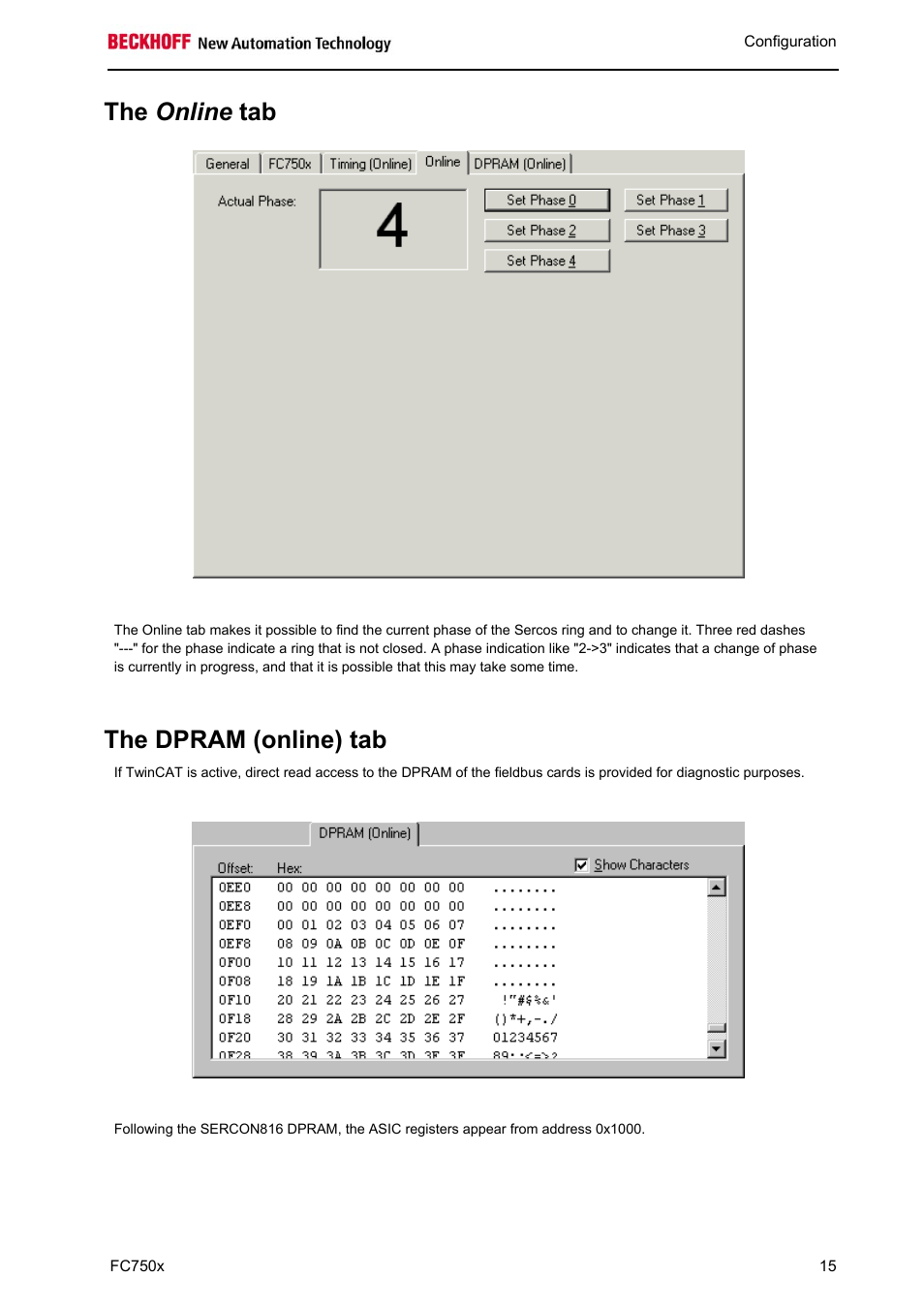 The online tab, The dpram (online) tab | BECKHOFF FC7501 User Manual | Page 15 / 18