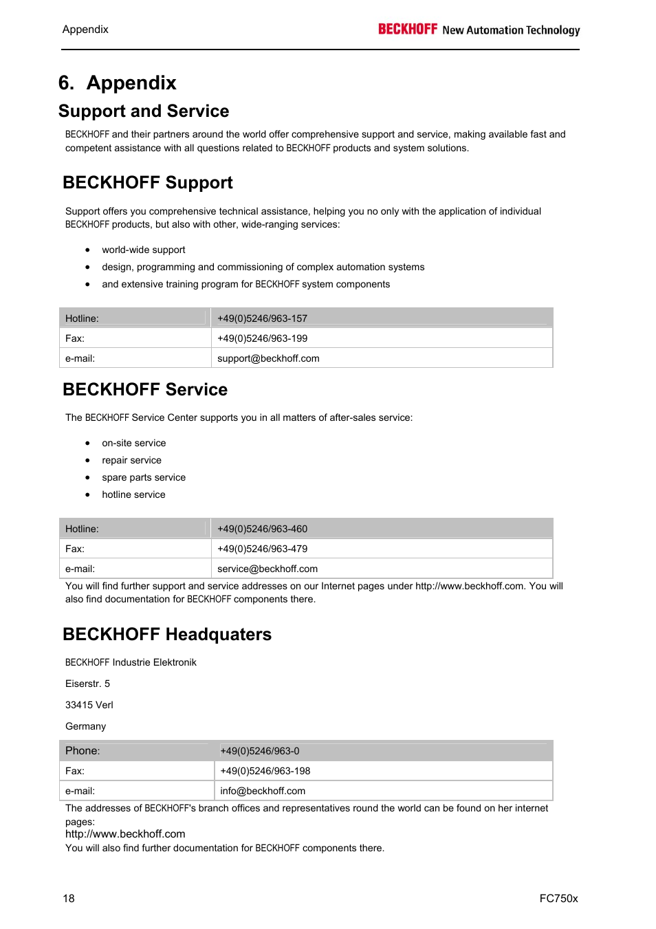 Appendix, Support and service, Beckhoff support | Beckhoff service, Beckhoff headquaters | BECKHOFF FC7501 User Manual | Page 18 / 18