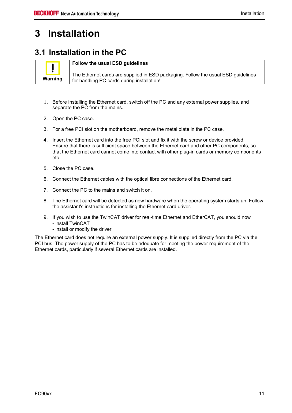 Installation, Installation in the pc, Installation 11 | 3 installation, 1 installation in the pc | BECKHOFF FC9001-0010 User Manual | Page 13 / 43