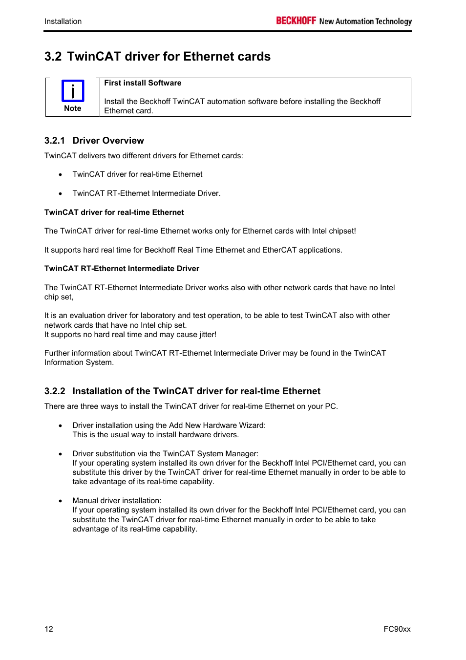 Twincat driver for ethernet cards, Driver overview, Twincat driver for real-time ethernet | Twincat rt-ethernet intermediate driver, 2 twincat driver for ethernet cards | BECKHOFF FC9001-0010 User Manual | Page 14 / 43