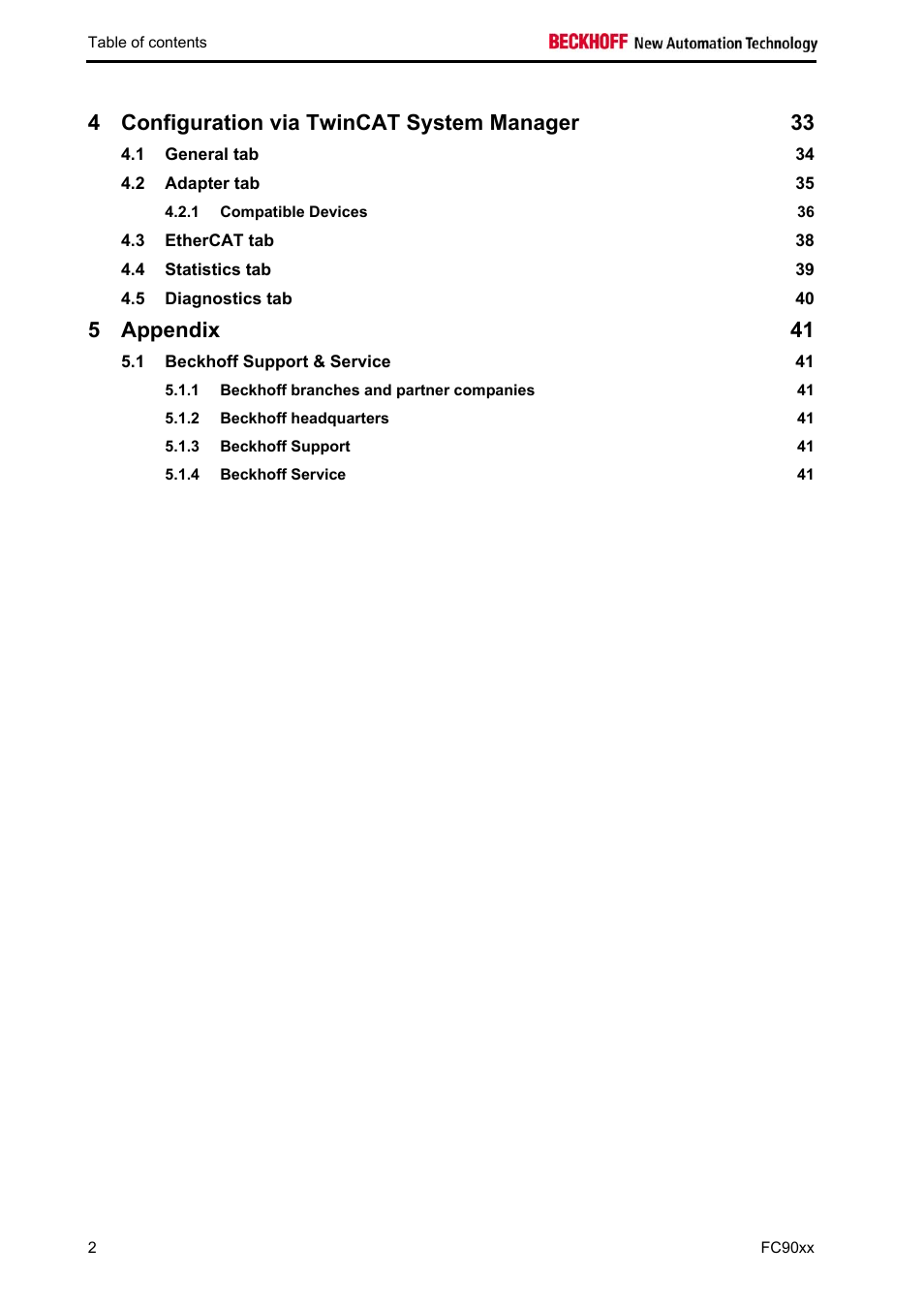 Configuration via twincat system manager 33, Appendix 41 | BECKHOFF FC9001-0010 User Manual | Page 4 / 43