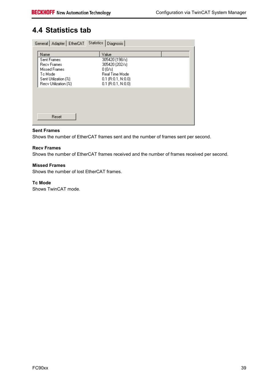 Statistics tab, 4 statistics tab | BECKHOFF FC9001-0010 User Manual | Page 41 / 43