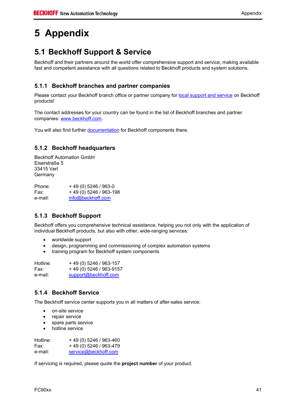 Appendix, Beckhoff support & service, Beckhoff branches and partner companies | Beckhoff headquarters, Beckhoff support, Beckhoff service, Appendix 41, 5 appendix, 1 beckhoff support & service | BECKHOFF FC9001-0010 User Manual | Page 43 / 43