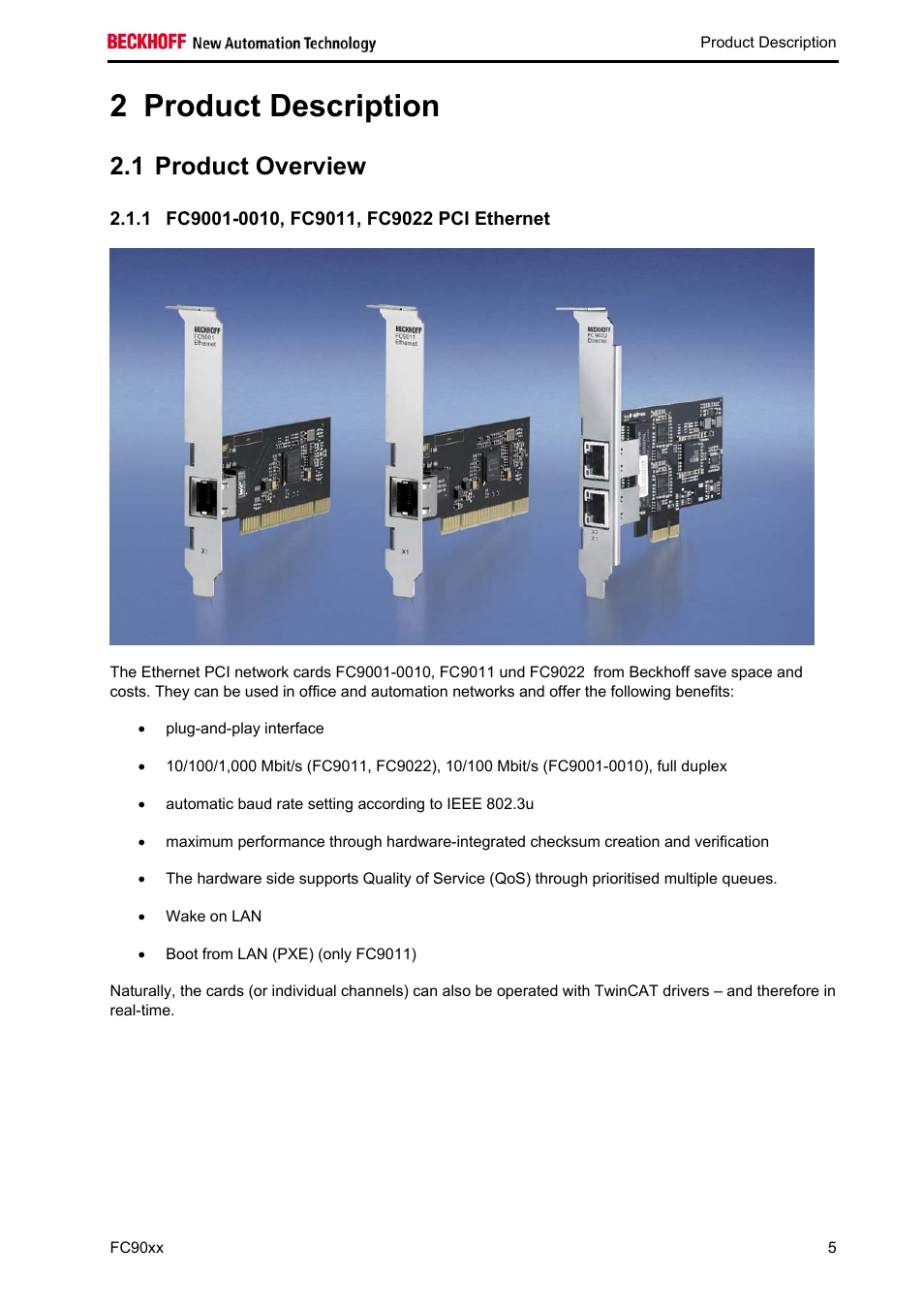 Product description, Product overview, Fc9001-0010, fc9011, fc9022 pci ethernet | 2 product description, 1 product overview | BECKHOFF FC9001-0010 User Manual | Page 7 / 43