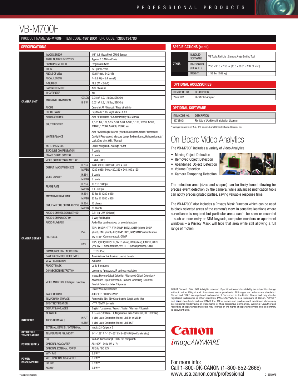 Vb-m700f, On-board video analytics | Canon VB-M700F User Manual | Page 2 / 2