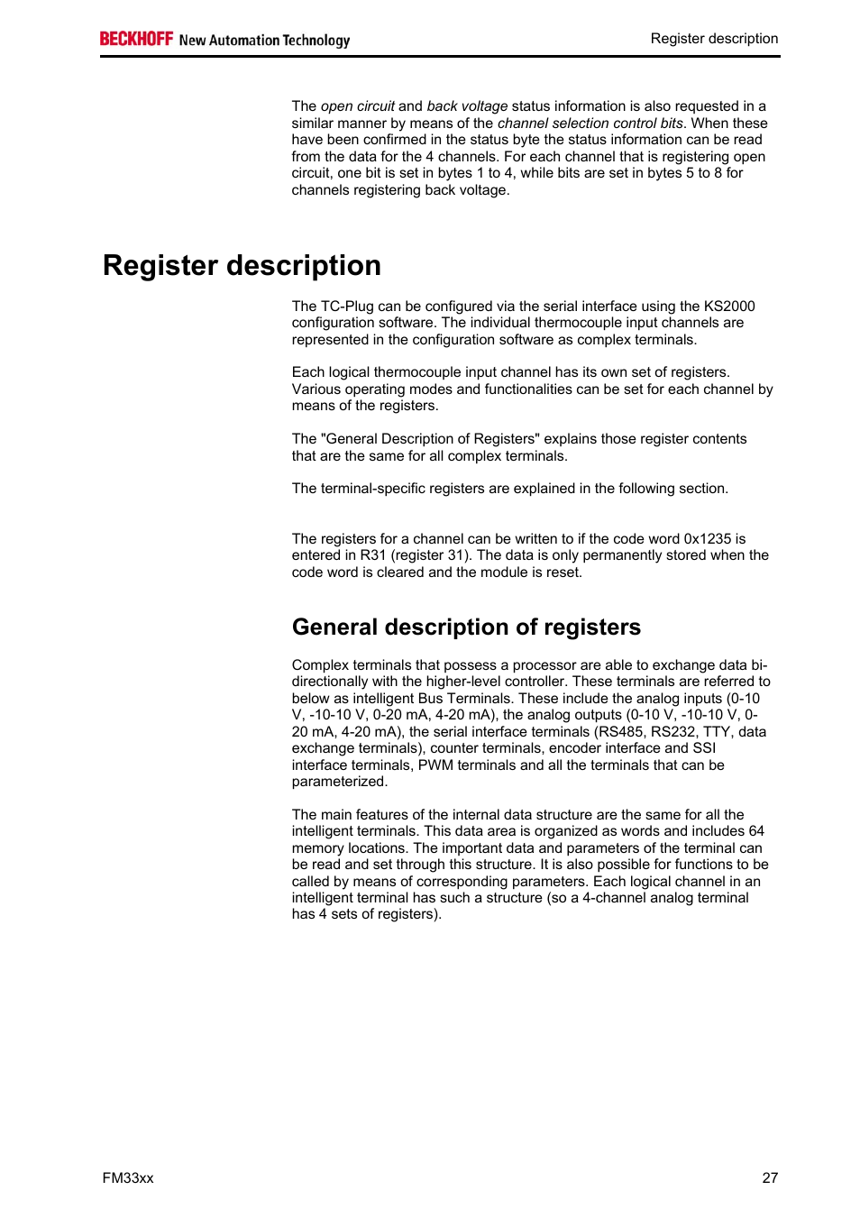 Register description, General description of registers | BECKHOFF FM33xx User Manual | Page 32 / 39