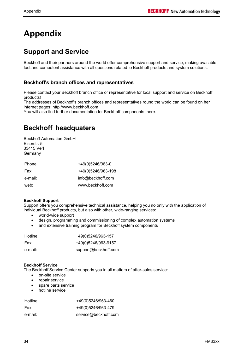 Appendix, Support and service, Beckhoff headquaters | BECKHOFF FM33xx User Manual | Page 39 / 39