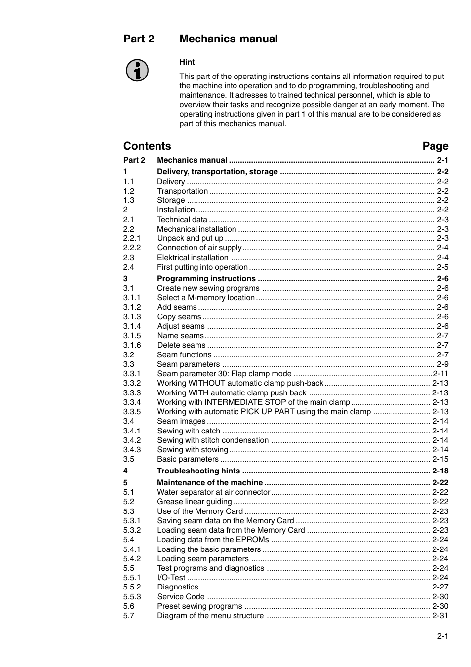 Part 2 mechanics manual, Contents page | Beisler 100-54 User Manual | Page 23 / 84