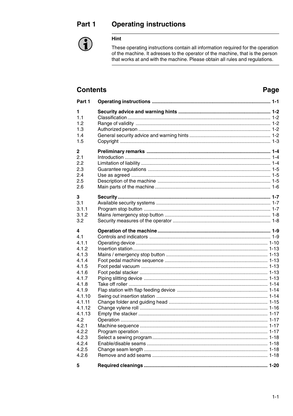 Part 1 operating instructions, Contents page | Beisler 100-54 User Manual | Page 3 / 84