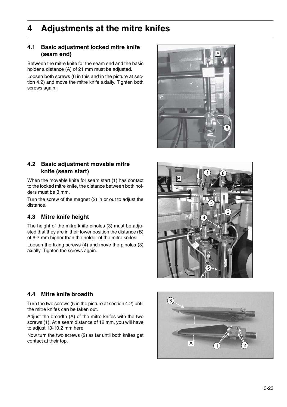 4adjustments at the mitre knifes | Beisler 100-54 User Manual | Page 79 / 84