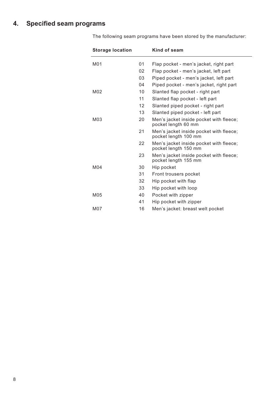 Specified seam programs | Beisler 100-68 User Manual | Page 92 / 142
