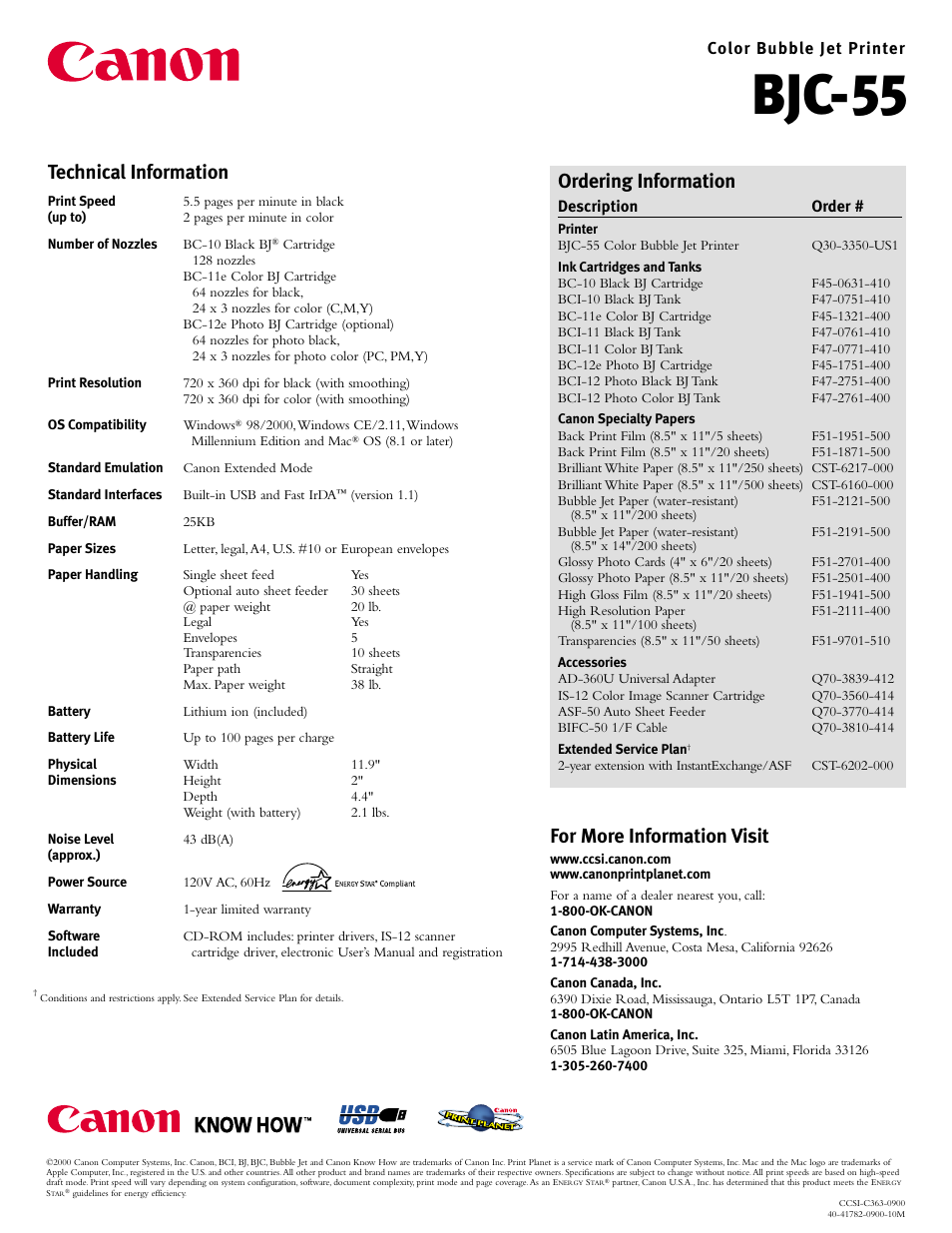 Bjc-55, Technical information, Ordering information | For more information visit | Canon color bubble bjc-55 User Manual | Page 2 / 2