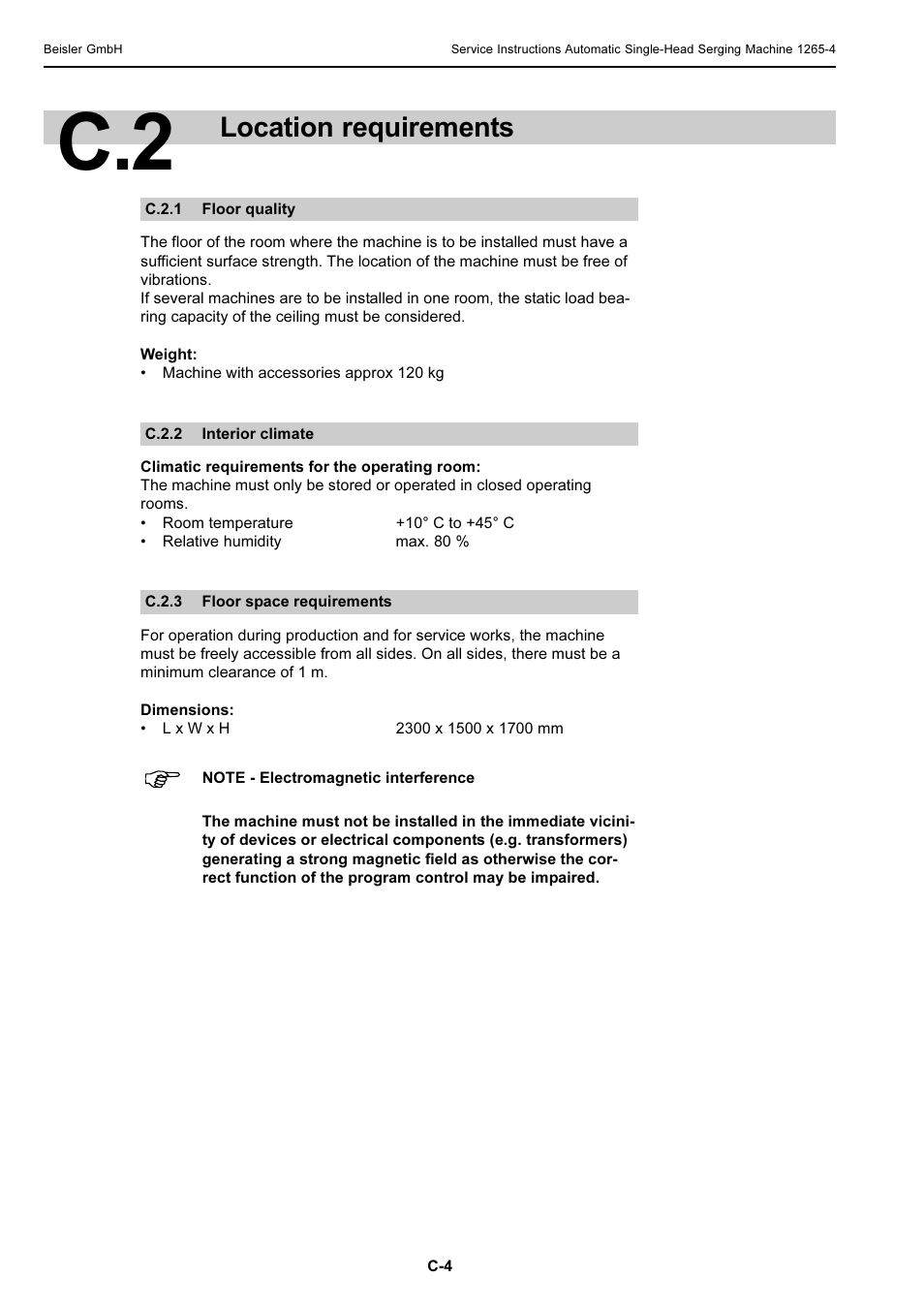 Location requirements | Beisler 1265-4 User Manual | Page 40 / 100