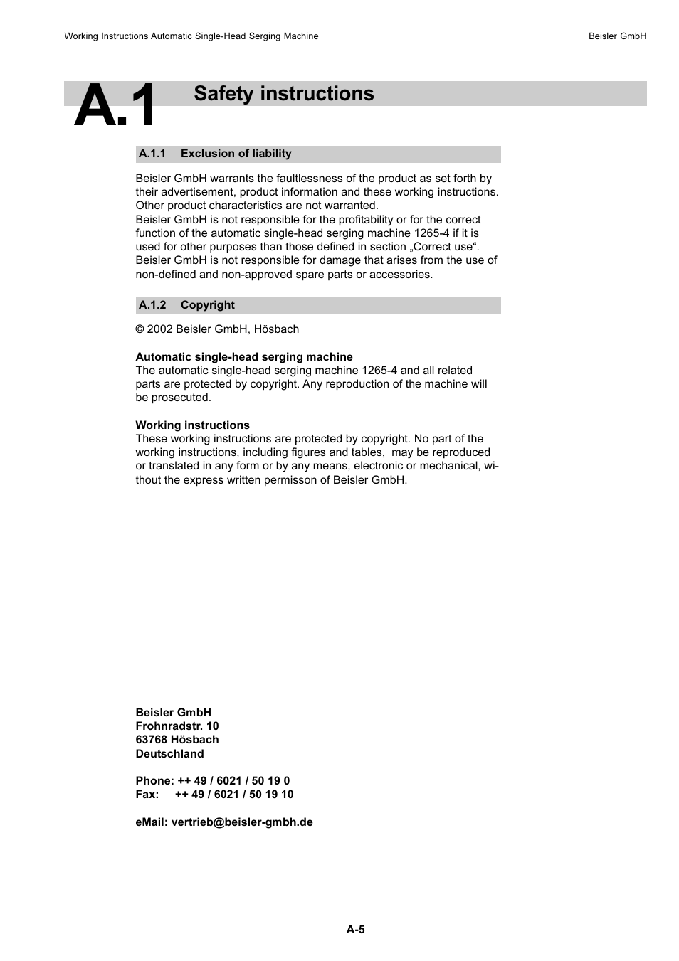 Safety instructions | Beisler 1265-4 User Manual | Page 5 / 100