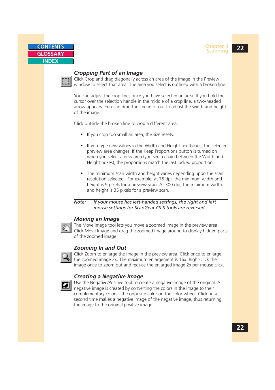 Changing the preview, Image shape and size, Later in this chapter | Scan. for details, see, Cropping part of an image, Op. see, Zooming in and | Canon CS-S 4.3 User Manual | Page 22 / 109