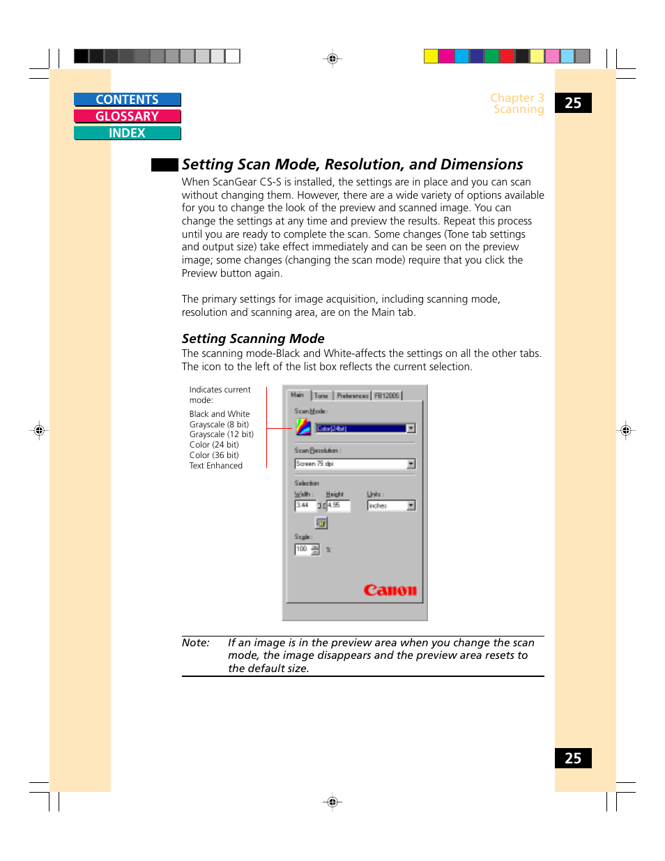 Setting scan mode, Resolution, and dimensions, For information about the settings on the t | Setting scan mode, resolution, and dimensions | Canon CS-S 4.3 User Manual | Page 25 / 109