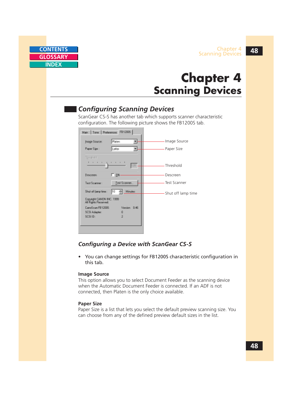 Scanning devices, Fb1200s tab, see, Chapter 4, “scanning devices | Chapter 4, Configuring scanning devices | Canon CS-S 4.3 User Manual | Page 48 / 109