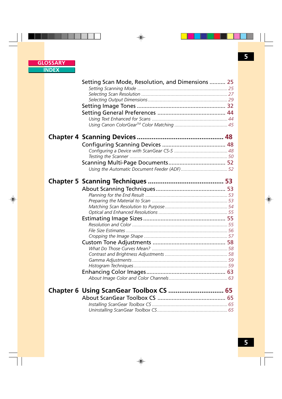 Chapter 4 scanning devices, Chapter 5 scanning techniques, Chapter 6 using scangear toolbox cs | Canon CS-S 4.3 User Manual | Page 5 / 109