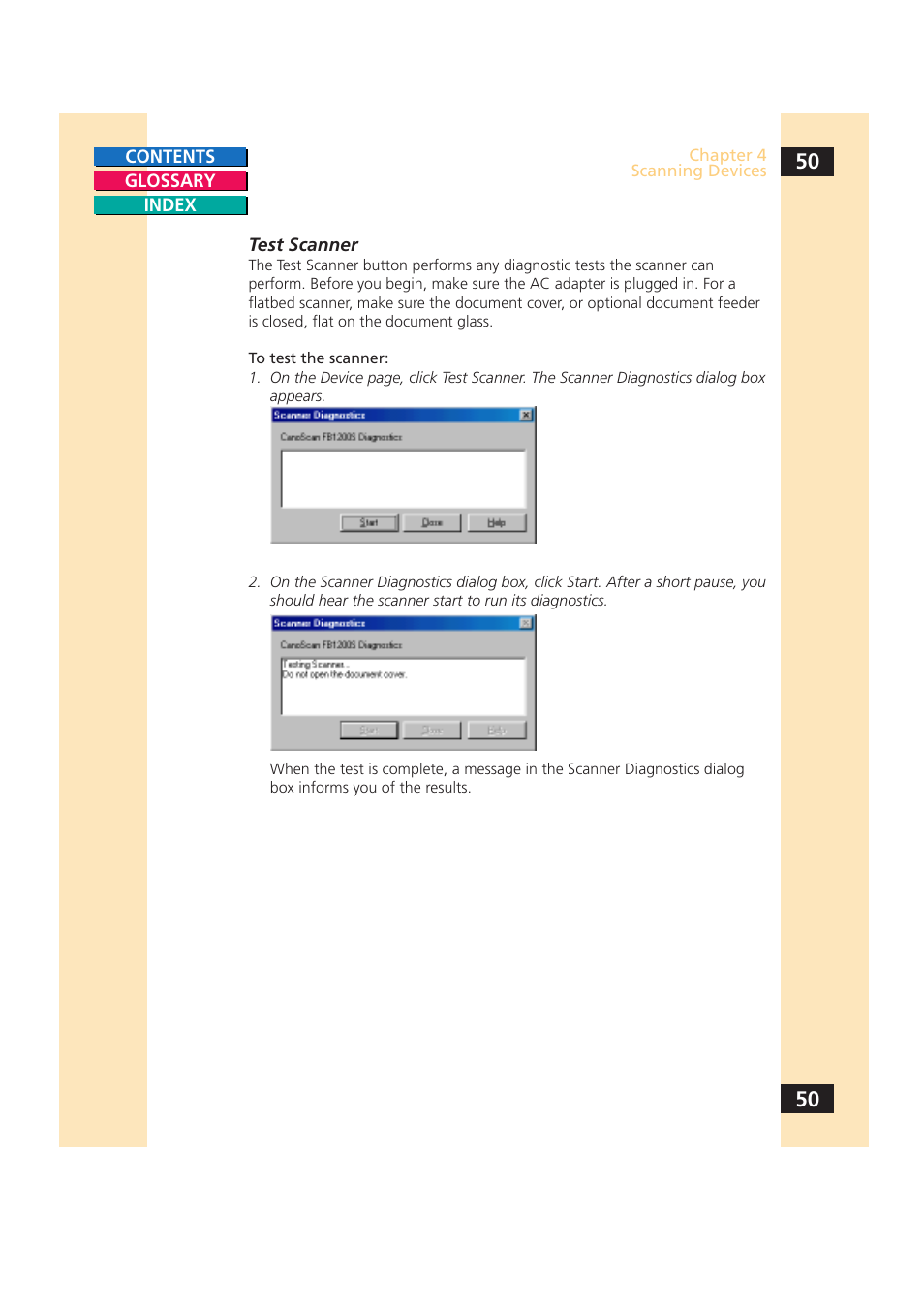 Tab. see, Testing the scanner, In chapter 4, “scanning devices | Canon CS-S 4.3 User Manual | Page 50 / 109