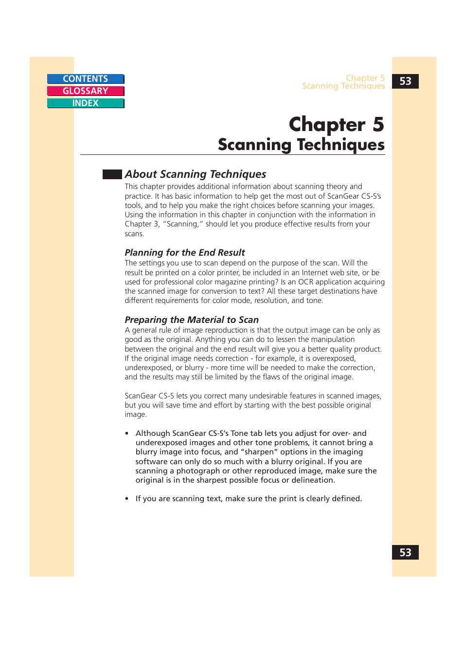 Scanning techniques, Sizes, see, Chapter 5, “scanning techniques | Mation on estimating file sizes, see, Esolution, see, Chapter 5 | Canon CS-S 4.3 User Manual | Page 53 / 109