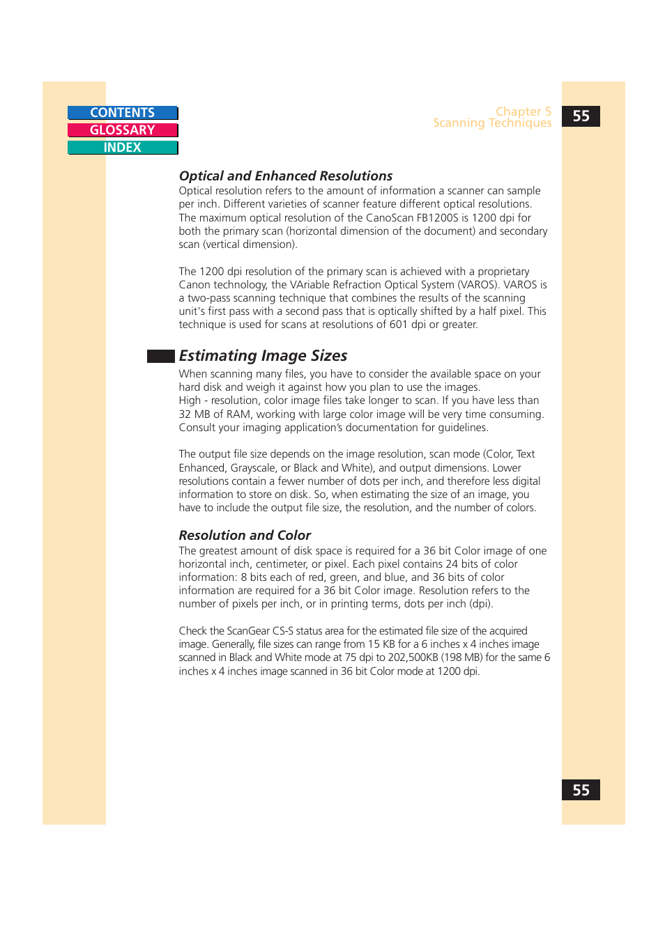 Estimating image sizes | Canon CS-S 4.3 User Manual | Page 55 / 109