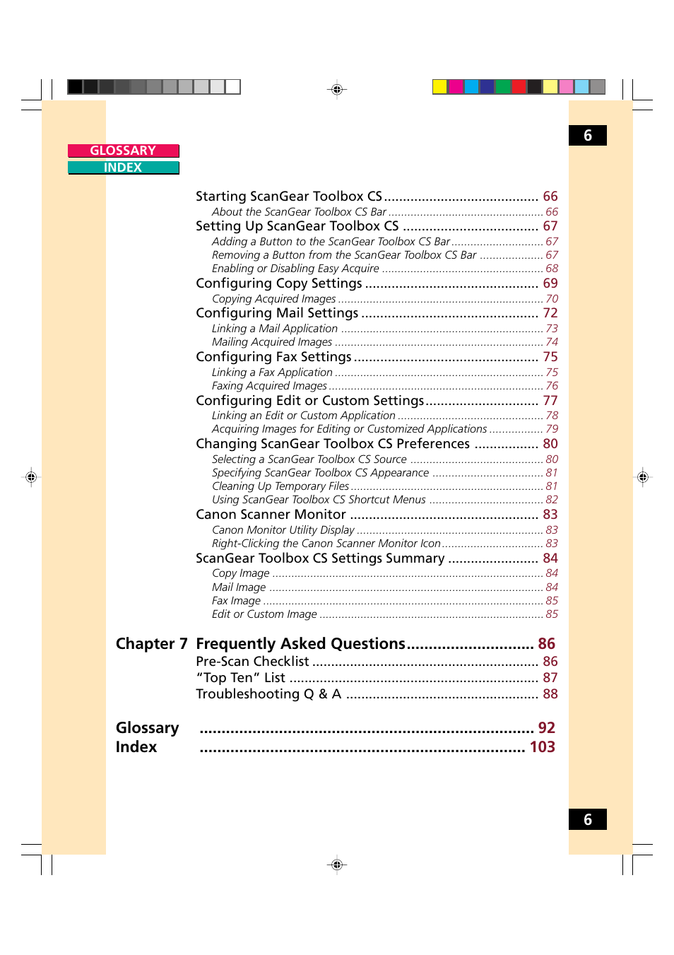 Chapter 7 frequently asked questions, Glossary index | Canon CS-S 4.3 User Manual | Page 6 / 109