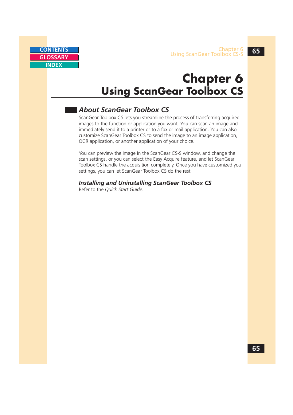 Using scangear toolbox cs, Oolbox cs, see, Chapter 6 | Canon CS-S 4.3 User Manual | Page 65 / 109