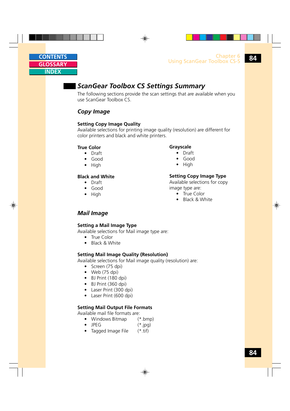 Scangear toolbox cs settings summary | Canon CS-S 4.3 User Manual | Page 84 / 109