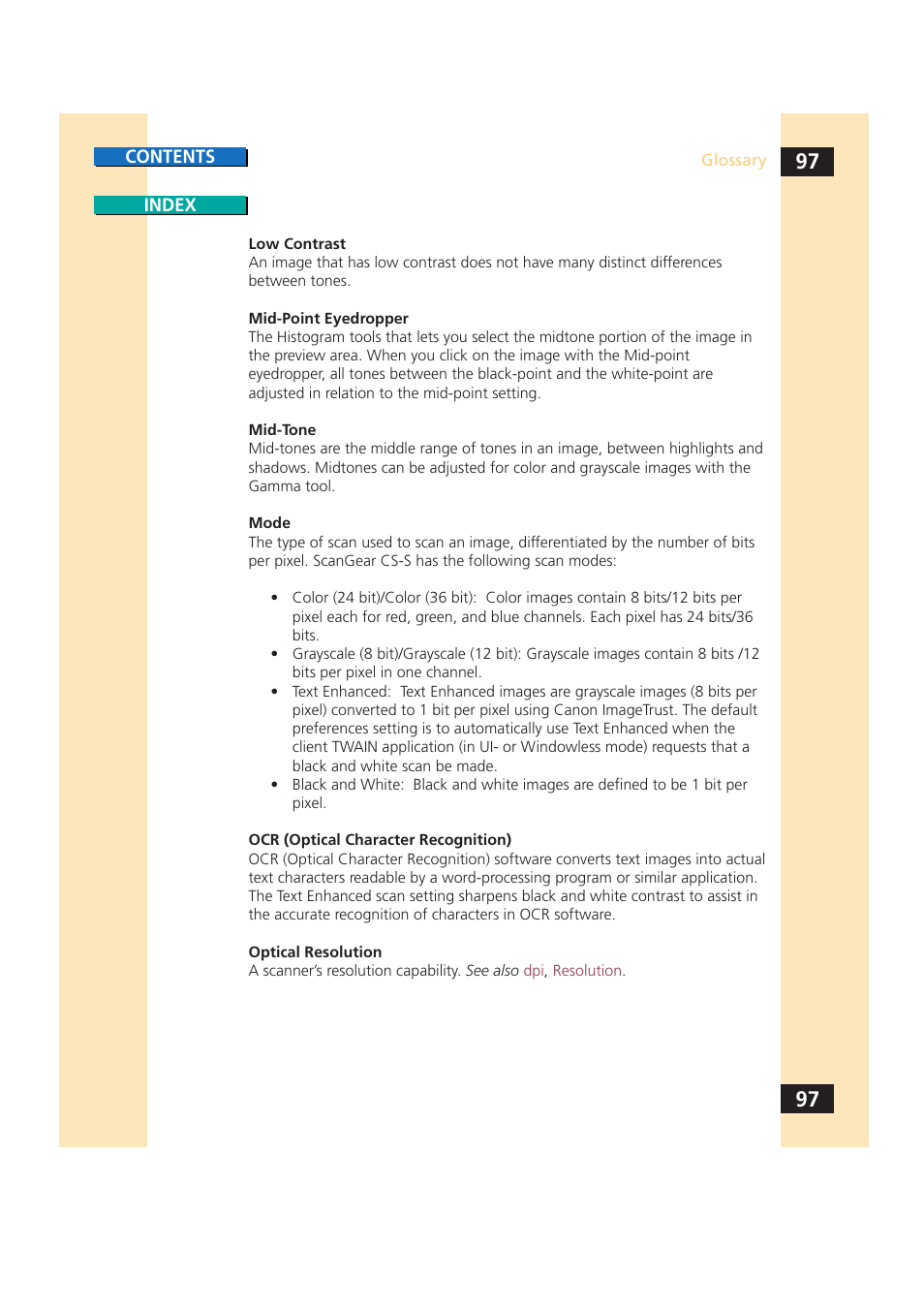 Optical resolution, Pixel | Canon CS-S 4.3 User Manual | Page 97 / 109