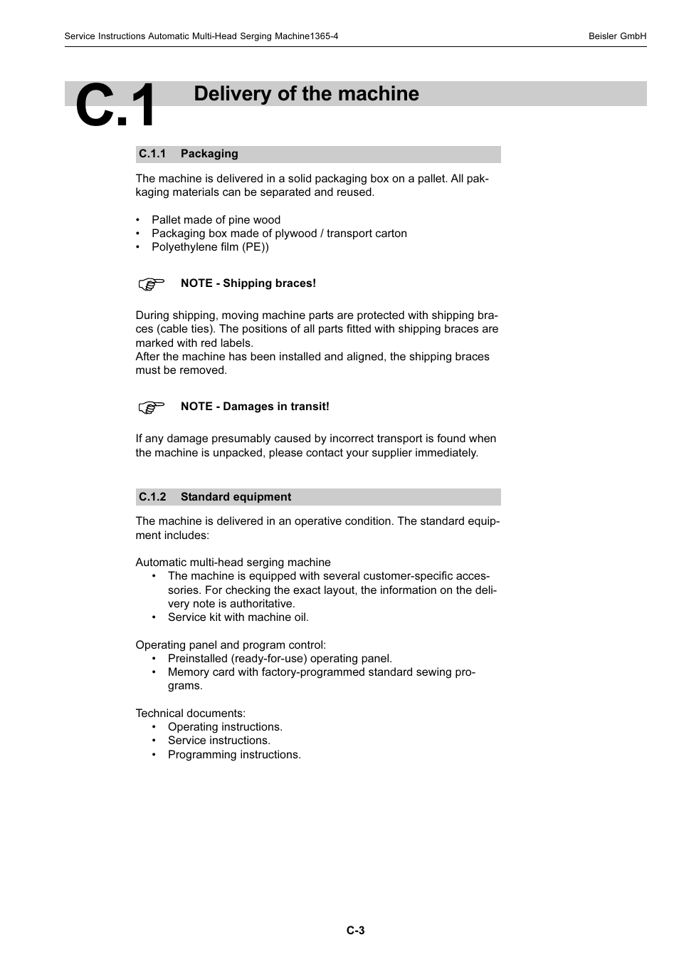 Delivery of the machine | Beisler 1360-4 User Manual | Page 43 / 106