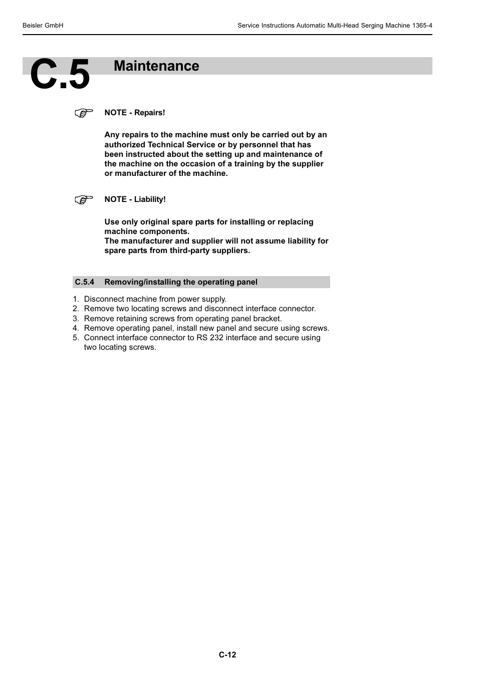 Maintenance | Beisler 1360-4 User Manual | Page 52 / 106