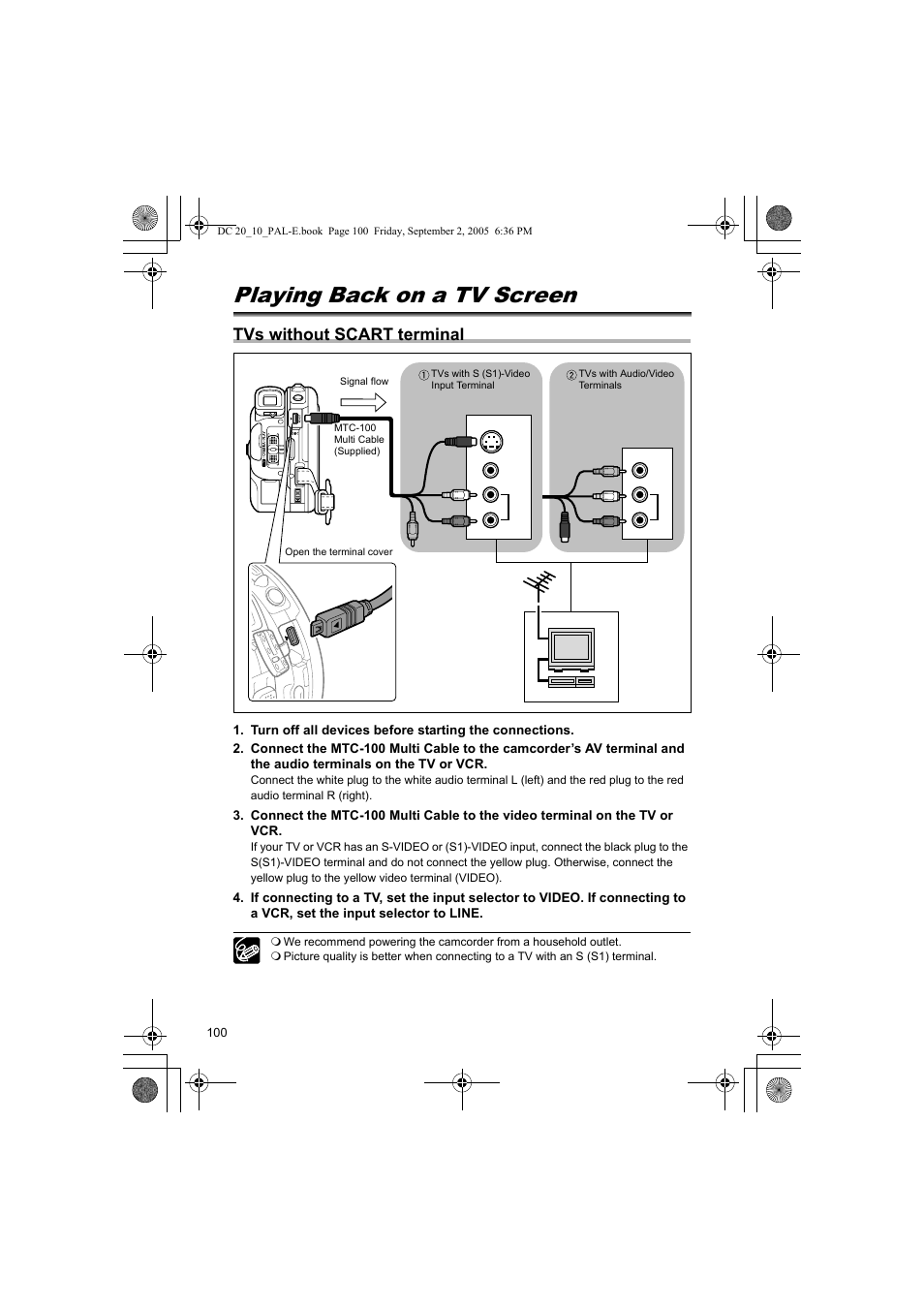 External connections, Connecting to a tv and vcr, Playing back on a tv screen | Tvs without scart terminal | Canon DC 20 User Manual | Page 100 / 144