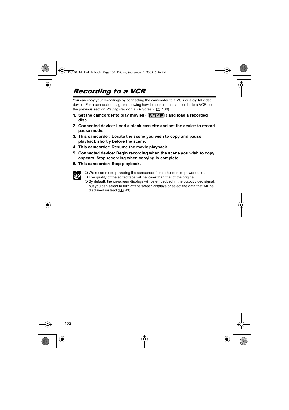 Recording to a vcr | Canon DC 20 User Manual | Page 102 / 144