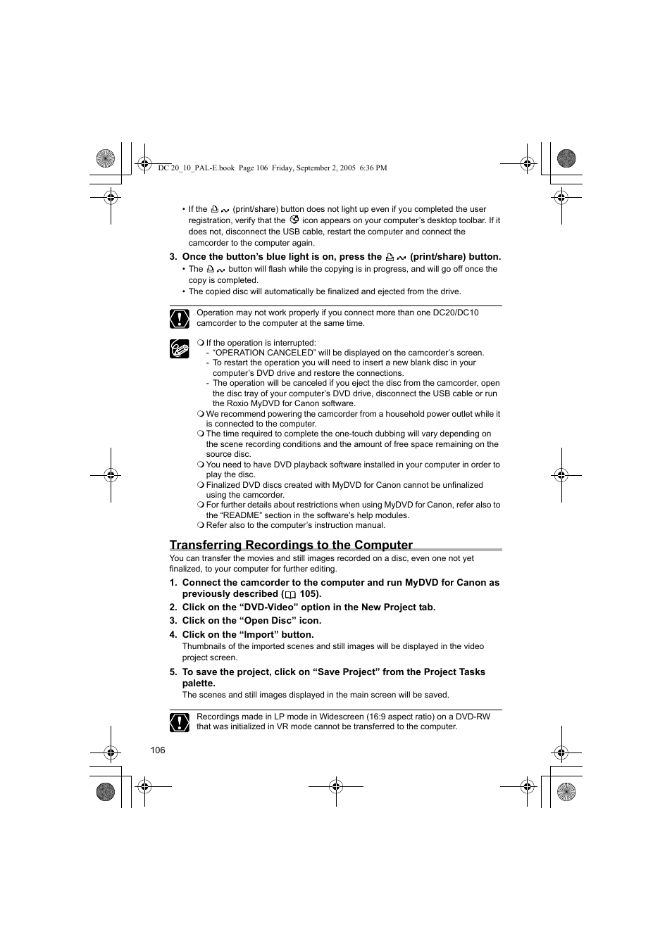 Transferring recordings to the computer | Canon DC 20 User Manual | Page 106 / 144