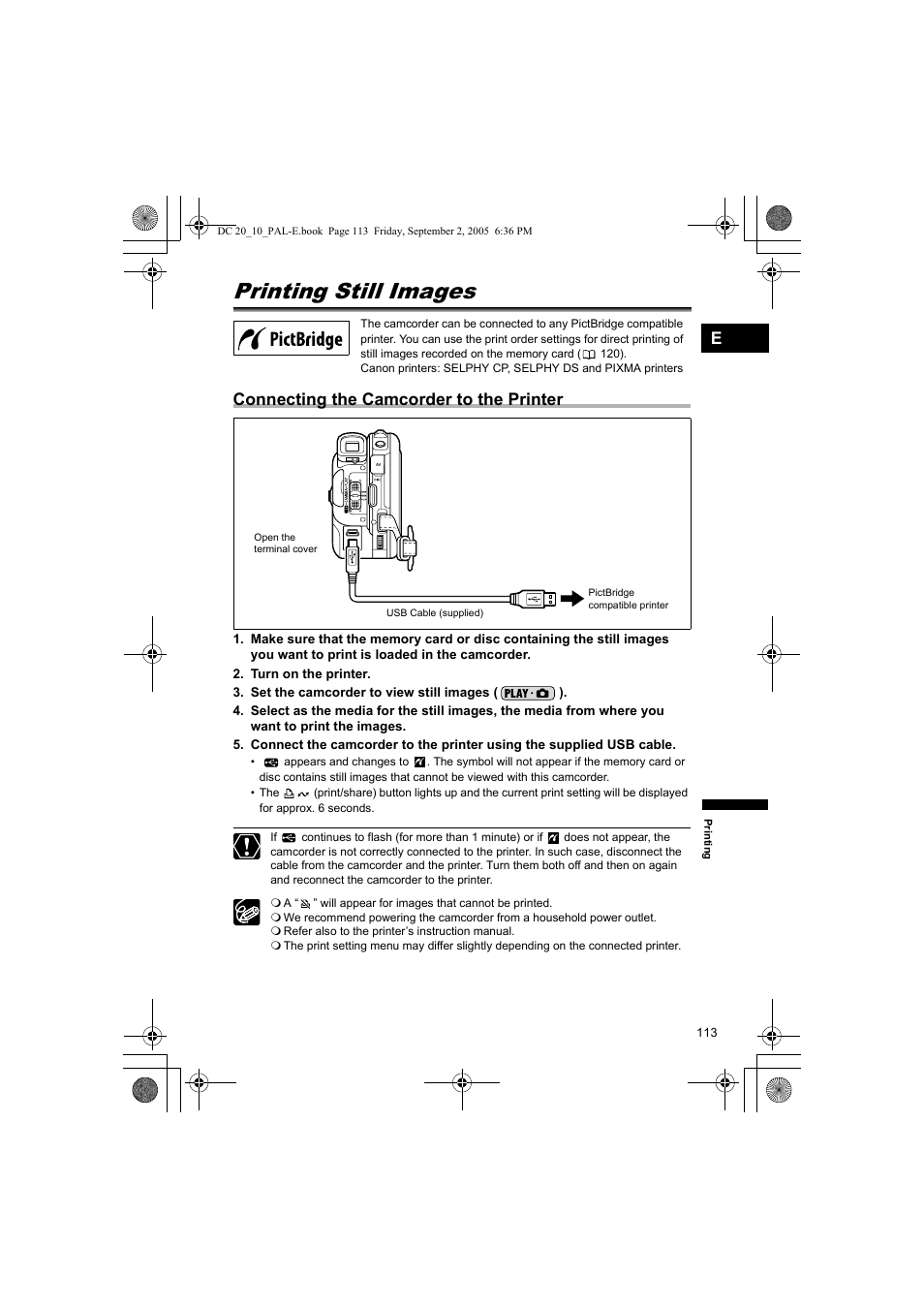 Printing, Printing still images, Connecting the camcorder to the printer | Canon DC 20 User Manual | Page 113 / 144