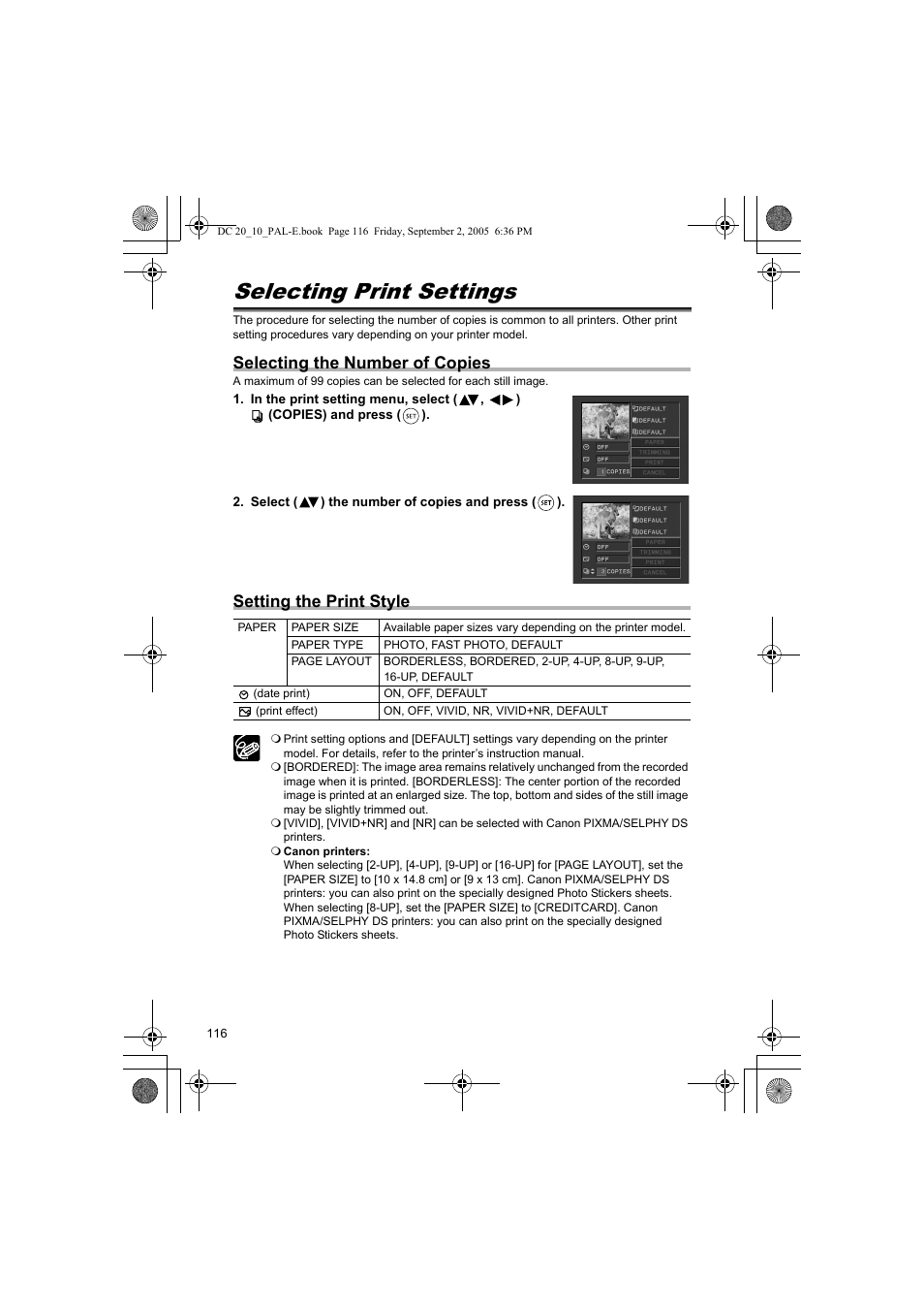 Selecting print settings, Selecting the number of copies, Setting the print style | Canon DC 20 User Manual | Page 116 / 144