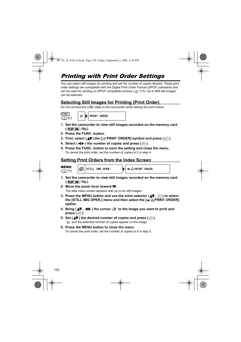 Printing with print order settings, Selecting still images for printing (print order), Setting print orders from the index screen | Canon DC 20 User Manual | Page 120 / 144