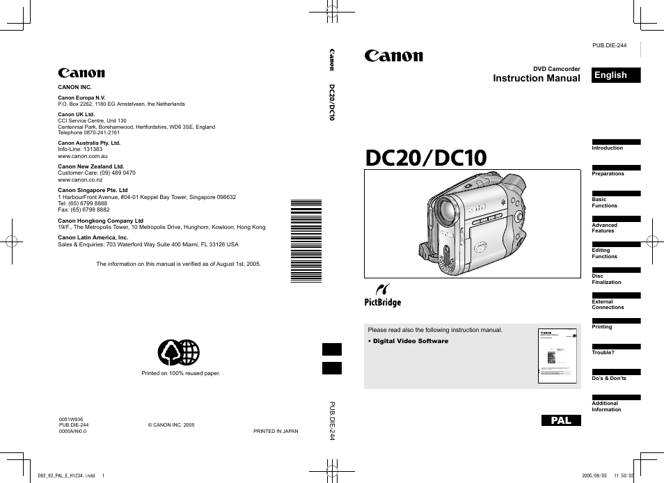 Instruction manual, English | Canon DC 20 User Manual | Page 144 / 144