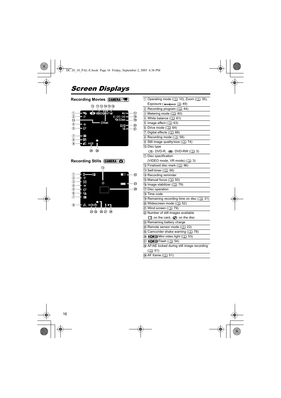 Screen displays | Canon DC 20 User Manual | Page 16 / 144